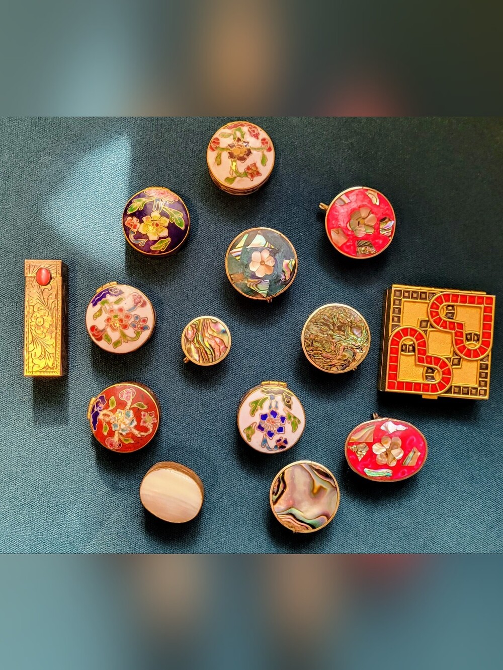 Vintage Silver & Mother Of Pearl Pill Boxes, Compact & Lipstick Case